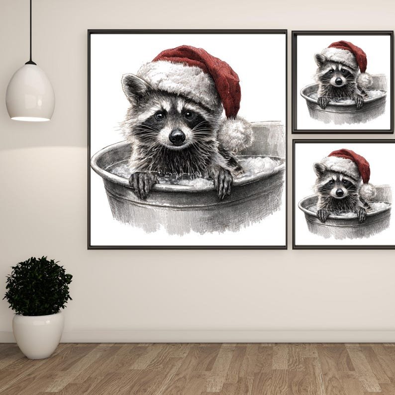 Christmas Raccoon Wall Art, Canvas or Poster, Cute Animal in Bathtub, Holiday Bathroom Decor, Rustic Winter Art, Gift for Animal Lovers - Image 2