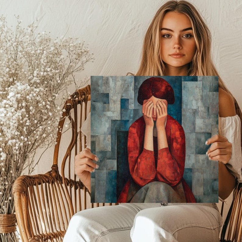 Abstract Woman in Red Dress, Canvas Or Poster, Sad Woman Wall Art, Cubist Portrait Painting, Modern Living Room Decor, Emotional Art Gift - Image 4