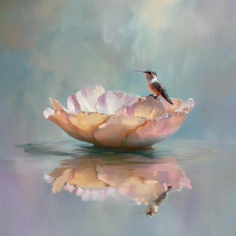 Hummingbird Wall Art, Canvas or Poster, Floral Bird Painting, Pastel Home Decor, Impressionist Nature Art, Soft Pink Flower, Zen Wall Decor - Image 6