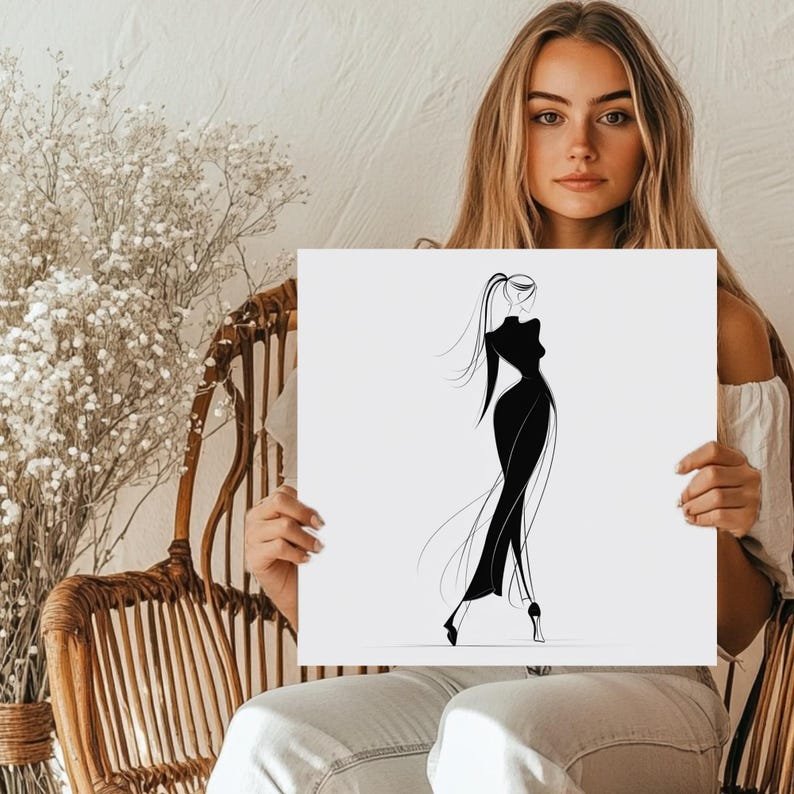 Minimalist Fashion Woman Wall Art, Canvas or Poster, Elegant Black Dress Illustration, Modern Chic Decor, Dressing Room Art, Fashion Sketch - Image 4