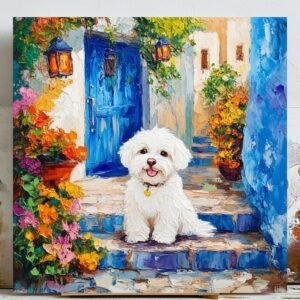 Fluffy Dog In Garden Wall Art, Floral Dog Art, Canvas Or Poster, Pet Wall Art, Animal Decor, Cute Dog Art, Dog Painting, Pet Lover Gift