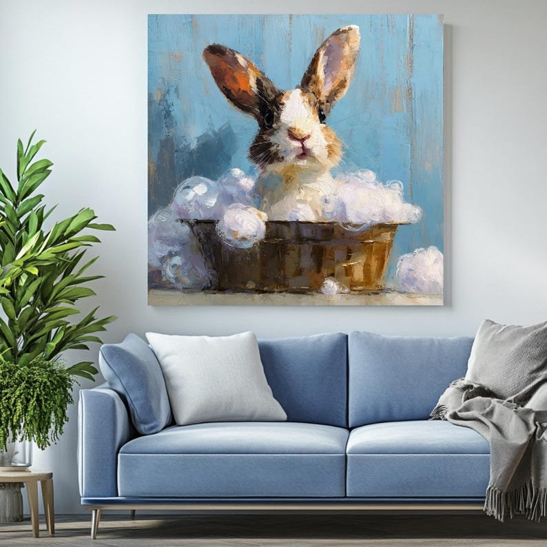Cute Rabbit Bath Time Painting, Canvas or Poster, Whimsical Bathroom Decor, Animal Wall Art, Nursery Artwork, White Blue, Bathroom Wall Art - Image 4