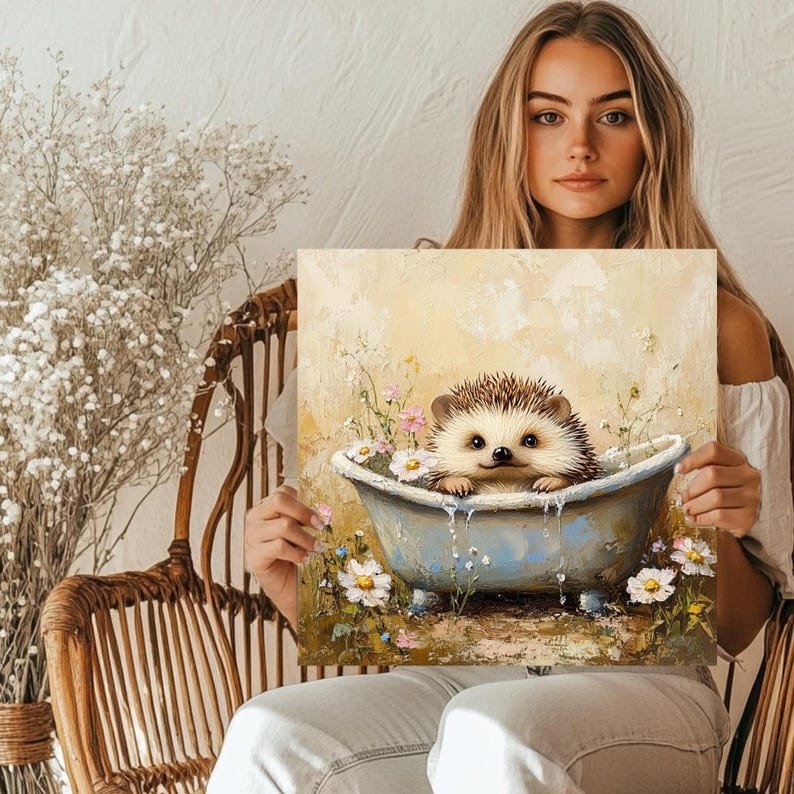 Hedgehog in Bathtub Wall Art, Canvas Or Poster, Floral Bathtub Art, Cute Animal Art, Bathroom Decor, Nursery Wall Art, Animal Decoration - Image 5