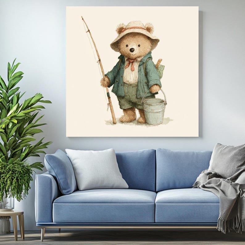 Fishing Teddy Bear Artwork, Canvas or Poster, Cute Animal Wall Decor, Kids Nursery Wall Art, Cozy Home Decoration, Woodland Animal Art - Image 4