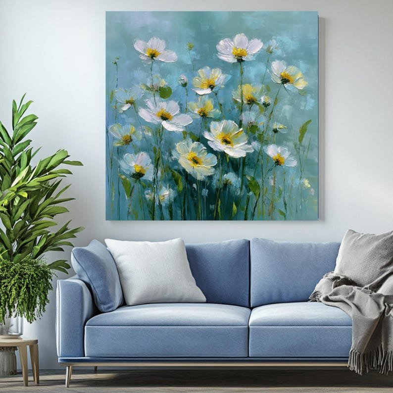 White Cosmos Flower Wall Art, Canvas Or Poster, Floral Oil Painting, Teal Botanical Decor, Living Room Decor, Modern Farmhouse Wall Hanging - Image 3