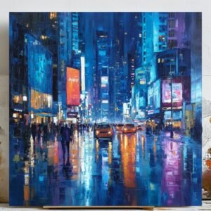 City Night Street Wall Art, Canvas or Poster, Modern Urban Decor, Blue Neon City Painting, Living Room Office Wall Art, Contemporary Artwork