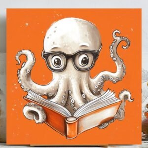 Adorable Octopus Reading Book Art, Canvas Or Poster, Charming Wall Decor for Nursery or Library, Whimsical Sea Creature Painting, Gift Idea