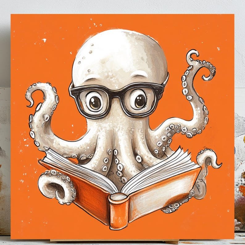 Adorable Octopus Reading Book Art, Canvas Or Poster, Charming Wall Decor for Nursery or Library, Whimsical Sea Creature Painting, Gift Idea