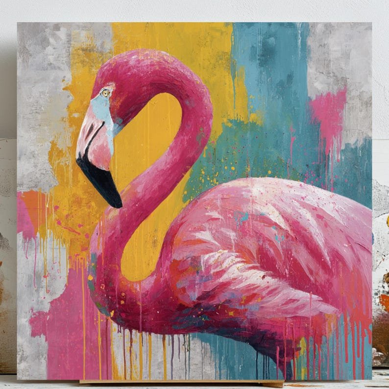 Pink Flamingo Wall Art, Canvas or Poster, Abstract Animal Painting, Colorful Tropical Decor, Modern Living Room Wall Decor, Vibrant Bird Art