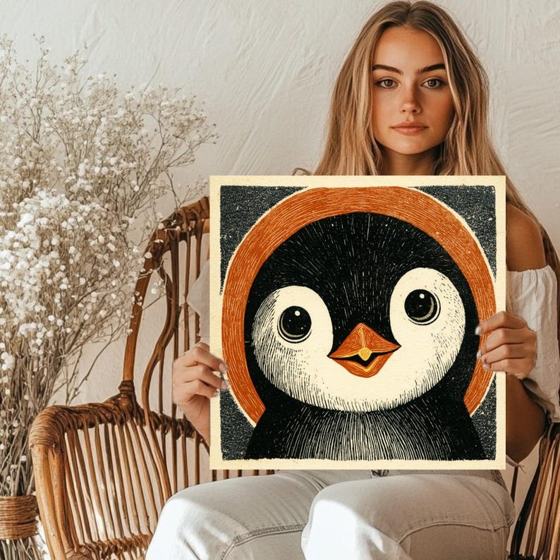 Cute Penguin Art, Linocut Print, Nursery Wall Decor, Modern Folk Style, Animal Portrait, Kids Playroom Poster, Penguin Gift, Woodcut Decor - Image 4