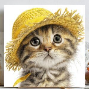 Cute Kitten Wall Art, Canvas Or Poster, Cat With Straw Hat Print,Nursery Animal Decor, Kids Room Art, Whimsical Pet Wall Decor, Cat Wall Art