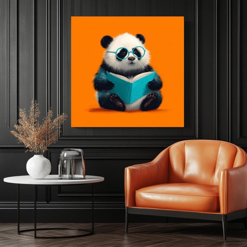 Reading Panda Wall Art, Canvas or Poster, Nursery and Classroom Decor, Kids Room or Playroom Wall Art, Orange Blue White Animal Illustration - Image 3
