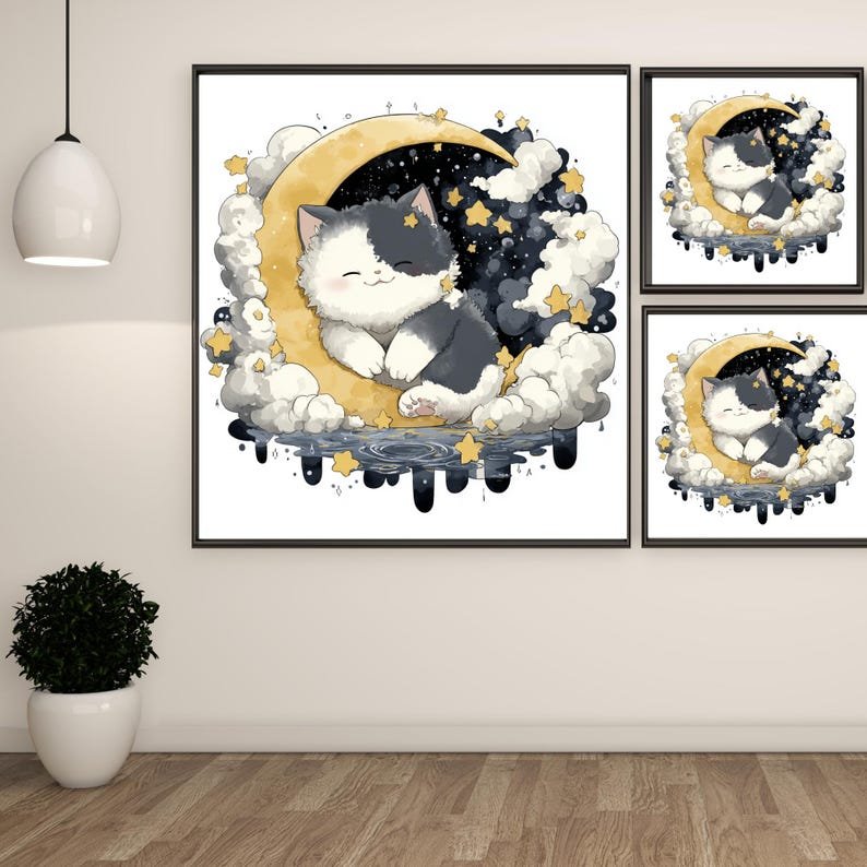 Cute Moon Cat Wall Art, Canvas Or Poster, Unique Wall Decor, Nursery Decor, Home Decor, Cat Wall Hanging, Dreamy Cat, Kids Room Decor - Image 2