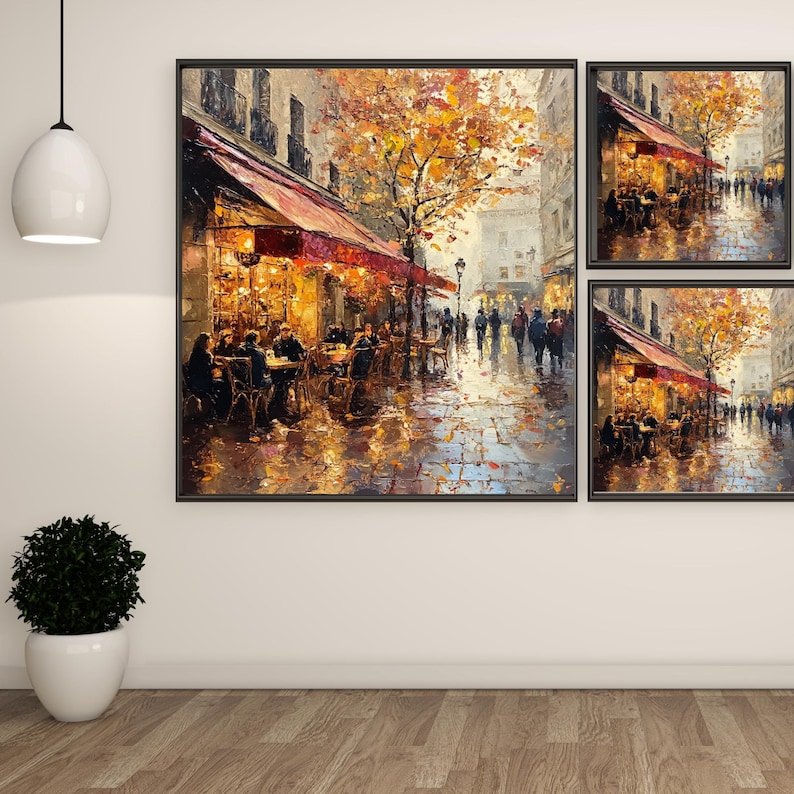 Paris Café Scene Wall Art, Canvas or Poster, Romantic Rainy City Painting, Autumn Street Scene, European Café Decor, Living Room Art - Image 2