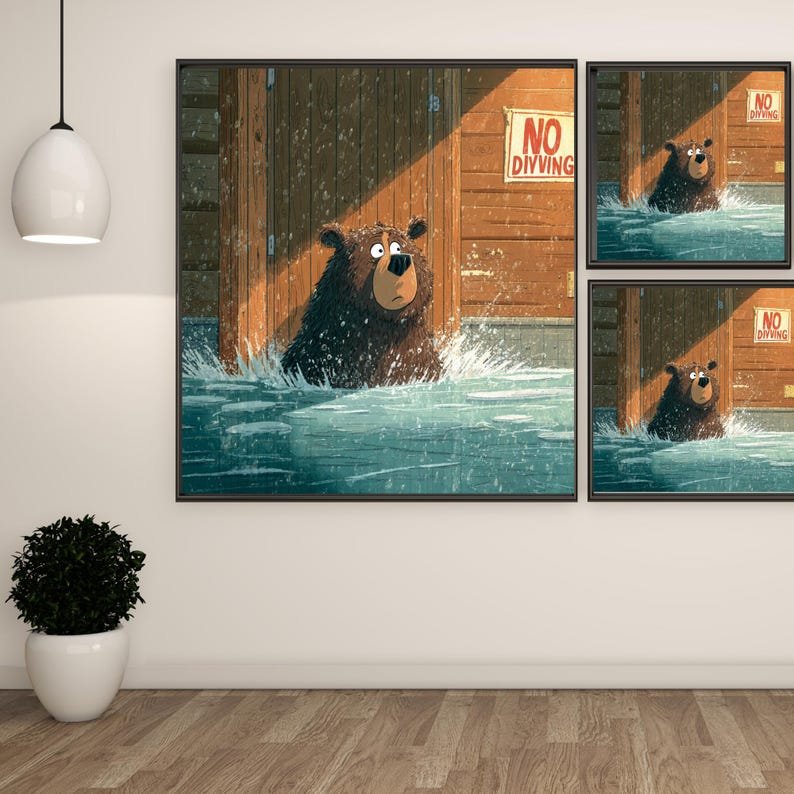 Bear In Pool Wall Art Art, Canvas or Poster, Whimsical Animal Decor, Bathroom Wall Art, Kids Room Wall Hanging,Funny Bathroom Decor,Home Art - Image 2
