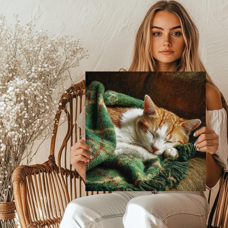 Sleeping Cat Wall Art, Canvas Or Poster, Cozy Home Decor, Rustic Living Room Wall Art, Warm Bedroom Artwork, Cat Lover Gift Design - Image 4