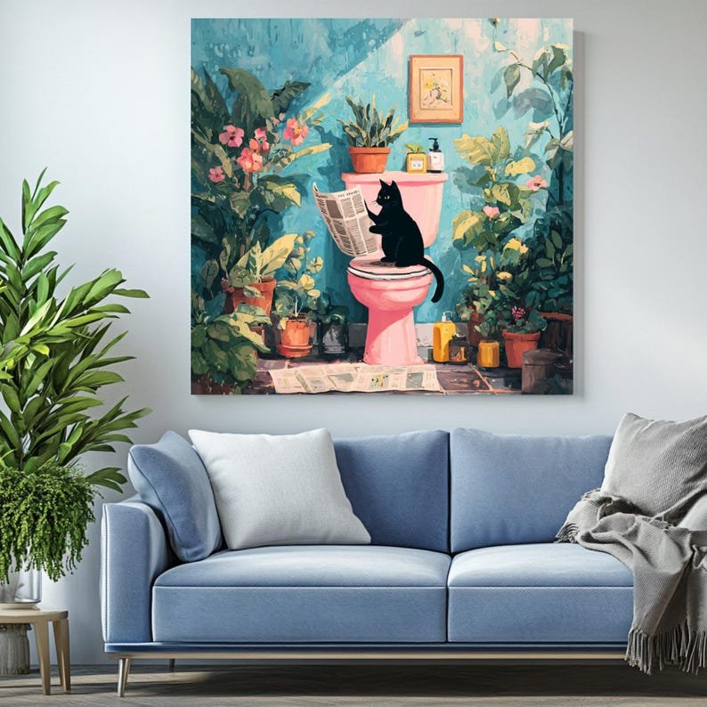 Japanese Black Cat Reading Newspaper, Canvas Or Poster, Funny Animal Decor, Bathroom Decor, Living Room Decor, Modern Wall Art, Cat Wall Art - Image 4