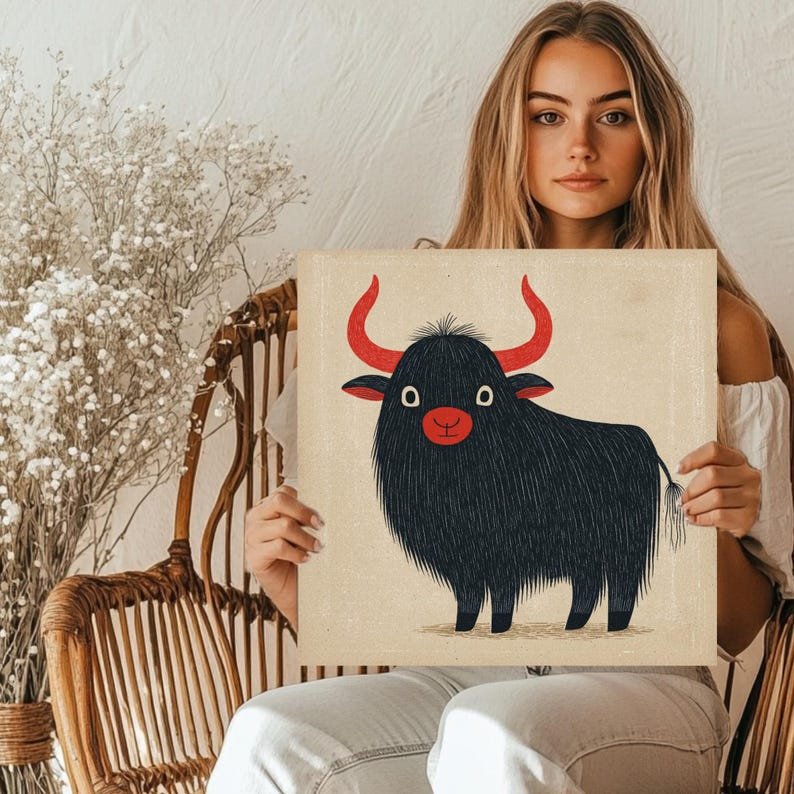 Black Yak Wall Art, Canvas Or Poster, Red Horns Bull Decor, Whimsical Cow Print, Kids Room Wall Decor, Animal Nursery Art, Home Wall Decor - Image 4