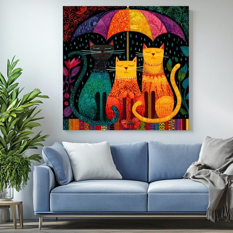 Colorful Cats Under Umbrella, Canvas or Poster, Cute Animal Wall Art, Modern Boho Decor, Living Room Wall Hanging, Whimsical Cat Print - Image 4