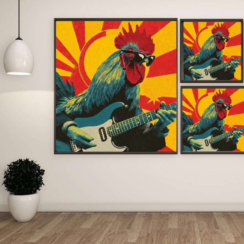 Retro Rooster Guitar Pop Art, Canvas or Poster, Music Wall Art, Living Room Bedroom Office Game Room Wall Art, Yellow Red Blue, Home Decor - Image 2