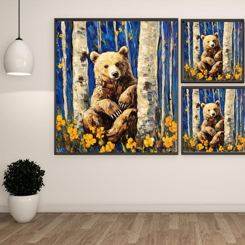 Birch Tree With Bear Wall Art, Canvas Or Poster, Bear Wall Hanging, Wall Art, Contemporary Wall Decor, Home Decor, Wall Decor, Modern Art - Image 2