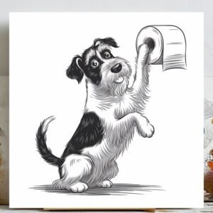 Miniature Schnauzer Toilet Paper Art, Canvas or Poster, Whimsical Modern Bohemian Decor, Living Room Bedroom Bathroom Art, Black White Grey