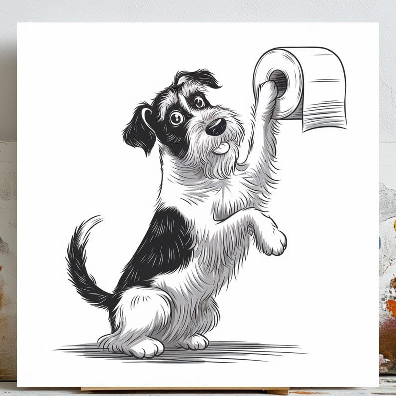 Miniature Schnauzer Toilet Paper Art, Canvas or Poster, Whimsical Modern Bohemian Decor, Living Room Bedroom Bathroom Art, Black White Grey