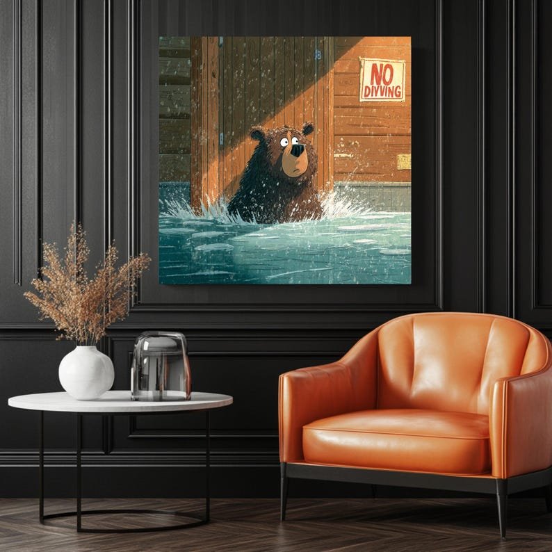 Bear In Pool Wall Art Art, Canvas or Poster, Whimsical Animal Decor, Bathroom Wall Art, Kids Room Wall Hanging,Funny Bathroom Decor,Home Art - Image 3