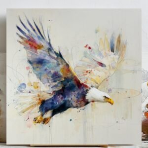 Flying Eagle Wall Art, Canvas or Poster, Watercolor Bird Artwork, Modern Nature Decor, Living Room Office Wall Hanging, Patriotic Style