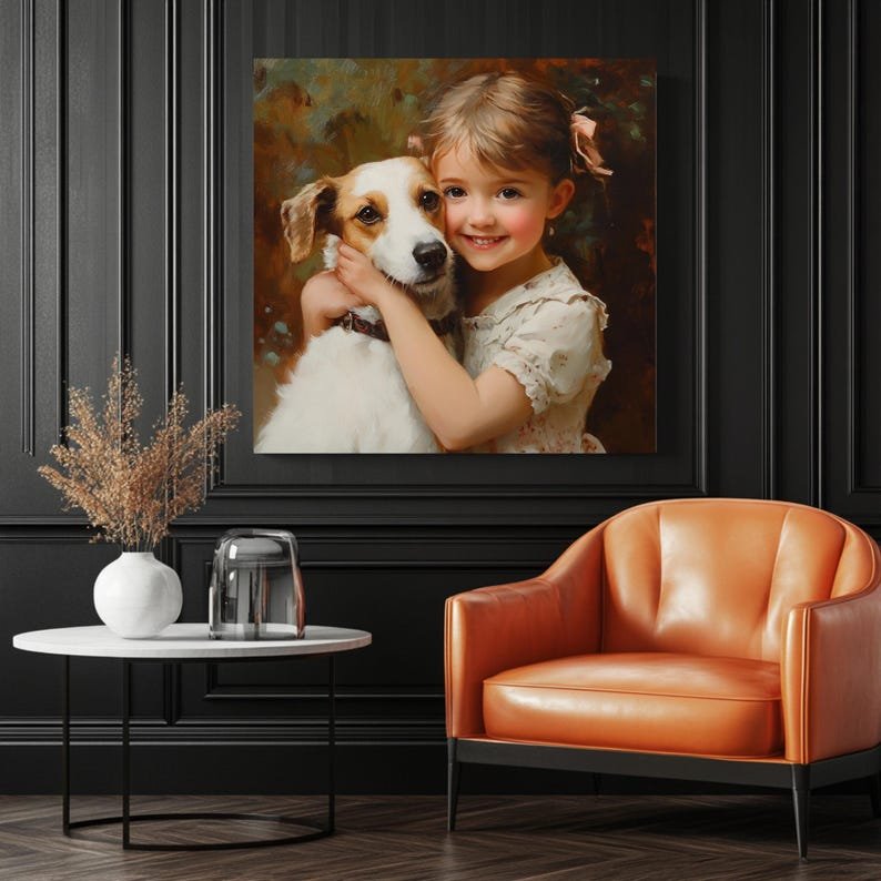 Child With Dog Wall Art, Canvas or Poster, Sweet Childhood Portrait, Nursery Wall Art, Kids Room Decor, Family Memory Artwork,Pet Lover Gift - Image 3