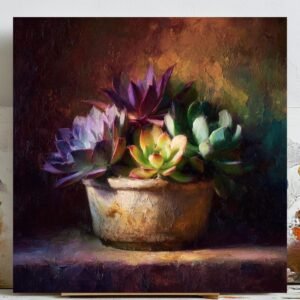 Succulent Wall Art Canvas Or Poster, Moody Botanical Oil Painting, Rustic Floral Decor, Purple Succulent Print, Modern Farmhouse Wall Art