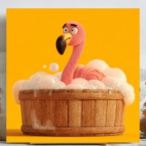 Flamingo In Bathtub Art, Canvas or Poster, Whimsical Bathroom Wall Decor, Playful Animal Artwork, Modern Pop Art, Pink Yellow Orange