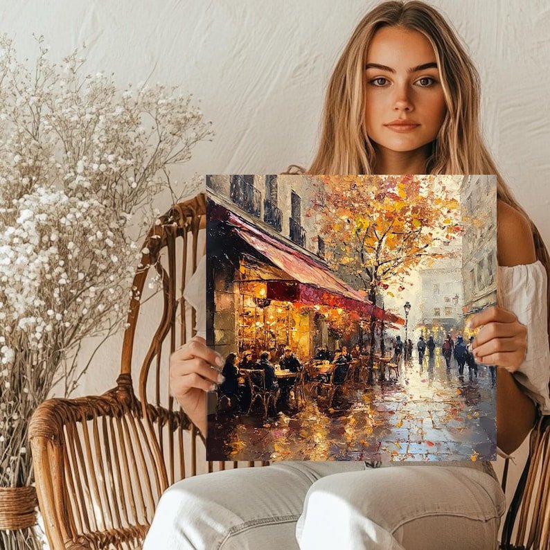 Paris Café Scene Wall Art, Canvas or Poster, Romantic Rainy City Painting, Autumn Street Scene, European Café Decor, Living Room Art - Image 5