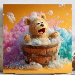 Teddy Bear Bubble Bath Art, Canvas or Poster, Whimsical Bathroom Wall Decor, Cute Animal Artwork, Kids Room Wall Art, Pink Blue Orange