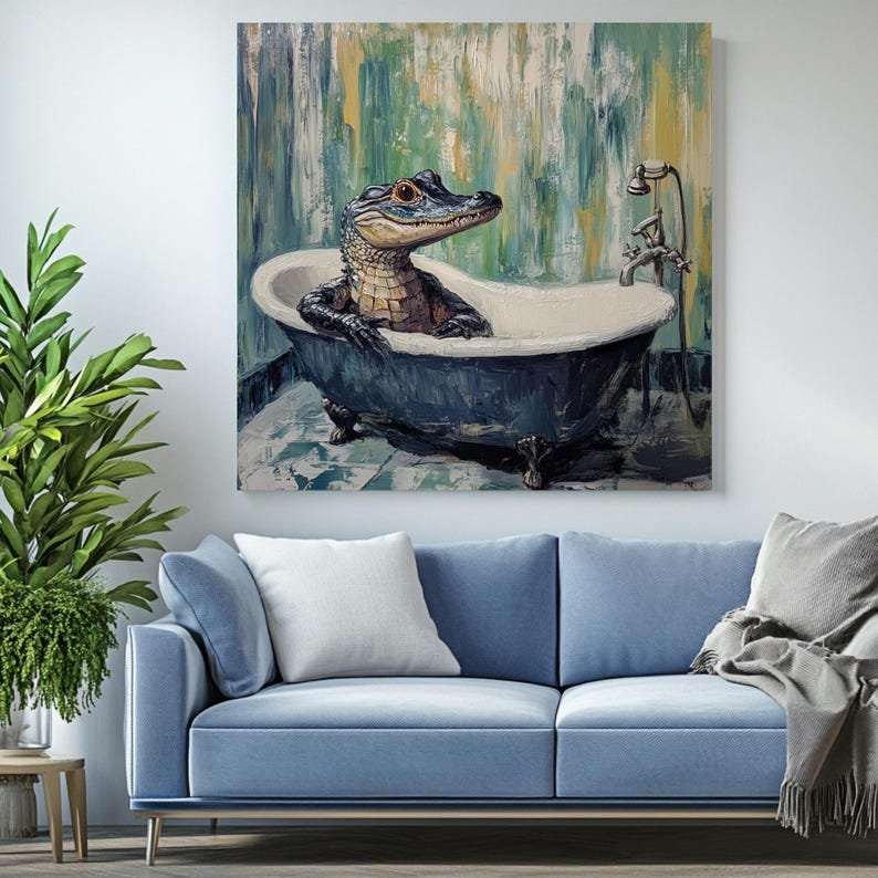 Crocodile In Bathtub, Canvas Or Poster, Bathroom Wall Art, Wildlife-Inspired Art, Contemporary Animal Art, Bathroom Wall Decor, Home Decor - Image 4