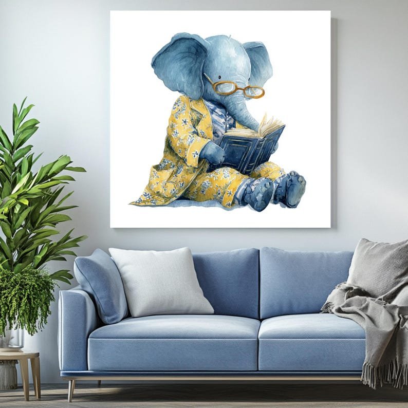 Reading Elephant Wall Art, Canvas Or Poster, Nursery Bedroom Decor, Whimsical Animal Wall Hanging, Blue Yellow Elephant Art, Kids Room Art - Image 4