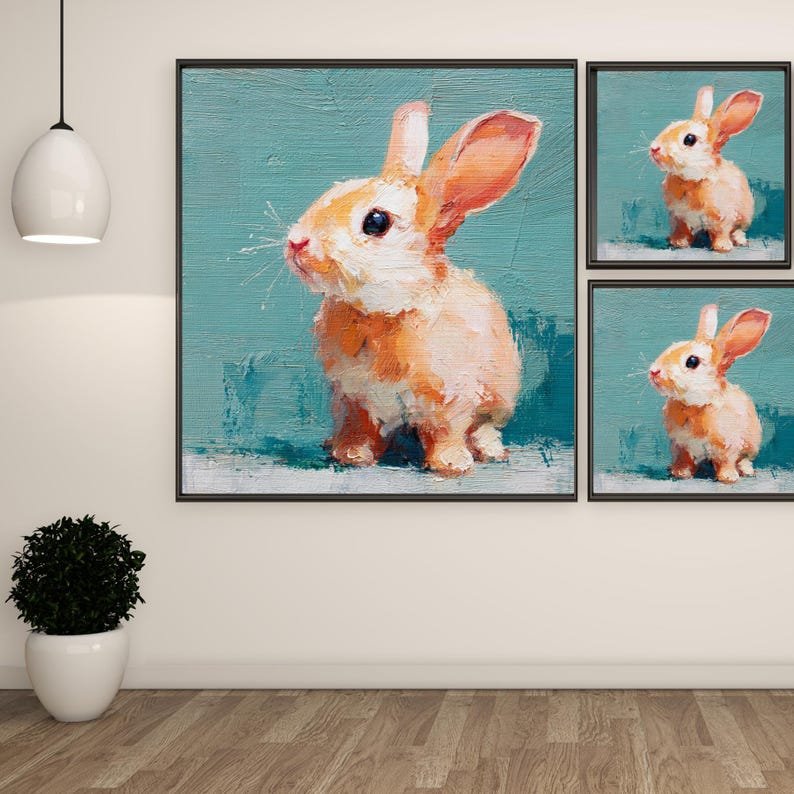 Bunny Wall Art, Canvas Or Poster, Oil Painting Rabbit Print, Cute Animal Decor, Nursery Wall Art, Farmhouse Home Decor, Rabbit Print - Image 2