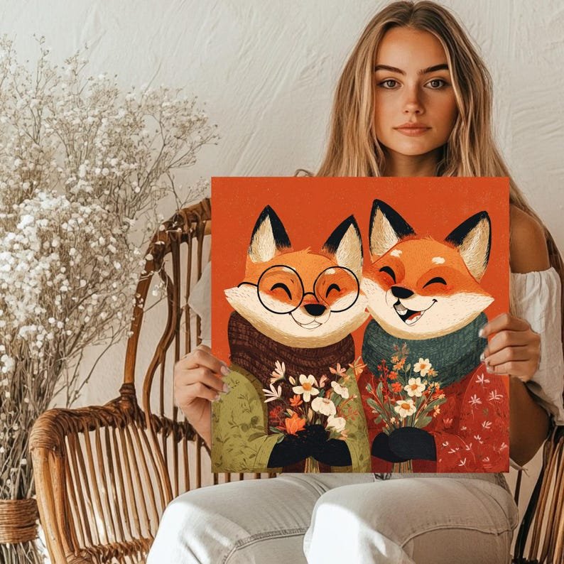 Fox Couple Wall Art, Canvas Or Poster, Woodland Animal Decor, Rustic Wall Hanging, Romantic Fox Print, Country Home Wall Art, Nursery Decor - Image 5