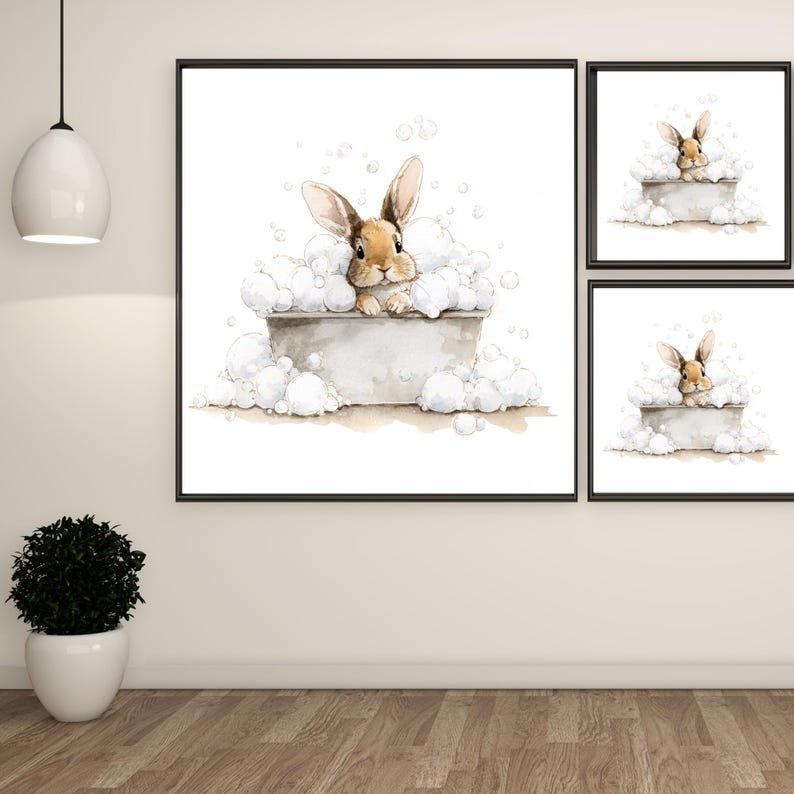 Bunny Bath Wall Art, Canvas or Poster, Cute Animal Nursery Decor, Baby Bathroom Wall Art, Kids Room Wall Hanging, Baby Bathroom Art - Image 3