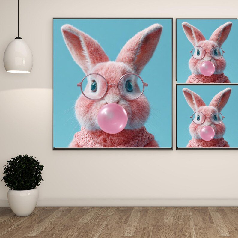 Bunny Bubblegum Wall Art, Canvas or Poster, Rabbit Nursery Print,Woodland Animal Poster, Kids Wall Art ,Kids Room Decor, Printable Wall Art - Image 2