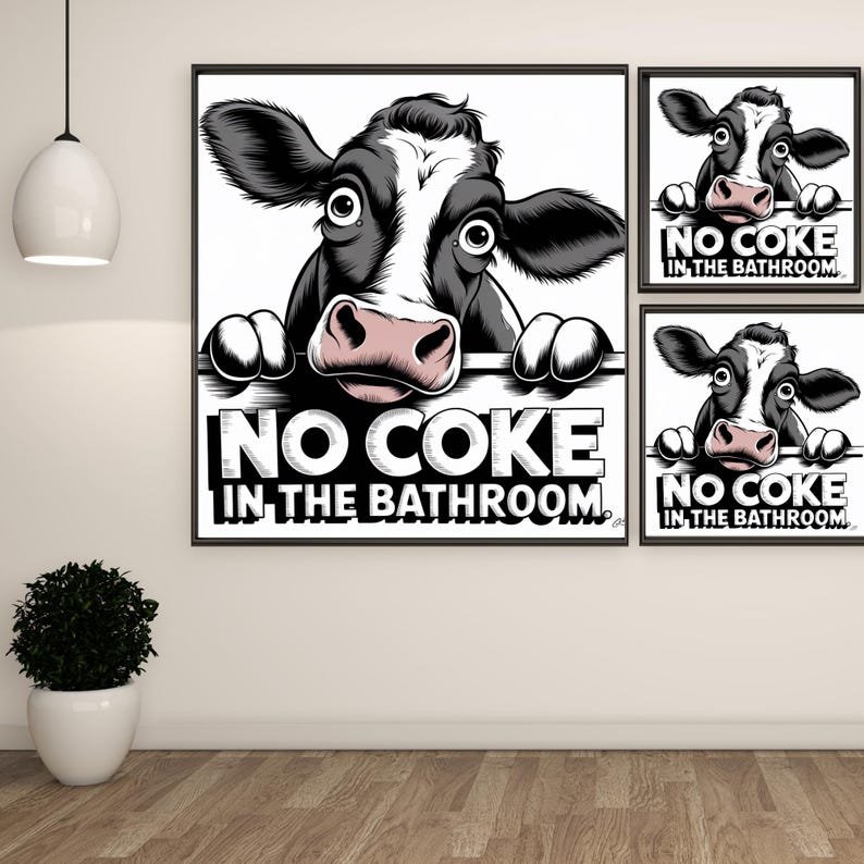 No Coke in the Bathroom Art, Funny Cow Wall Art, Bathroom Humor Decor, Farm Animal Printable, Black and White Cow Art, Home Decor - Image 2