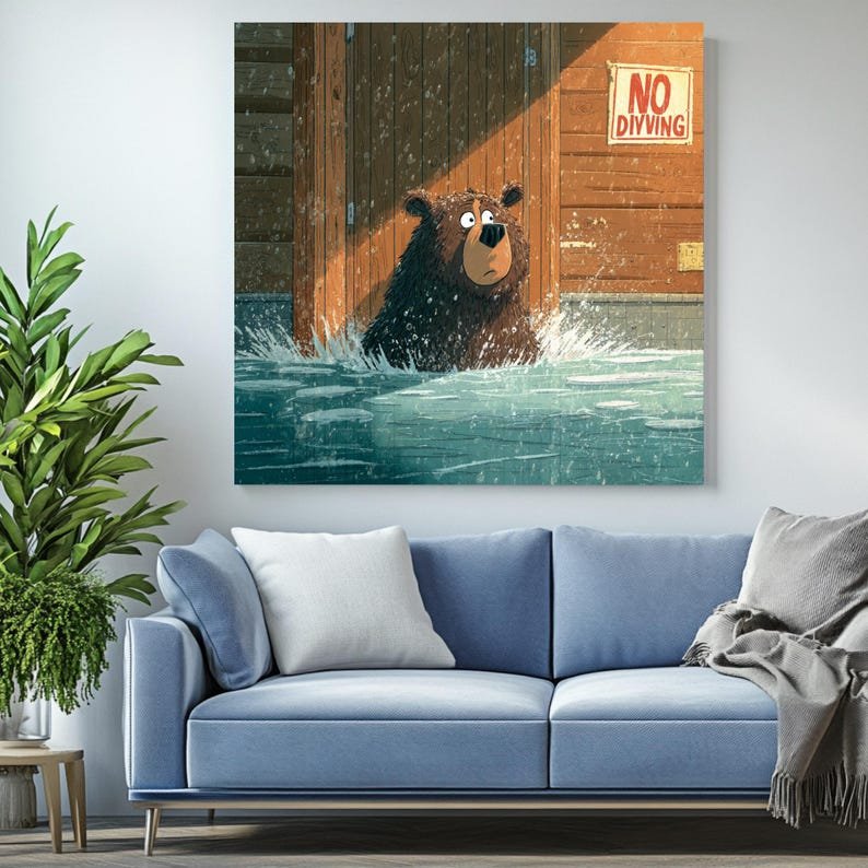 Bear In Pool Wall Art Art, Canvas or Poster, Whimsical Animal Decor, Bathroom Wall Art, Kids Room Wall Hanging,Funny Bathroom Decor,Home Art - Image 4