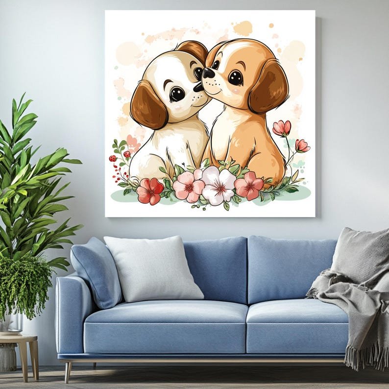 Two Puppies Wall Art, Canvas or Poster, Whimsical Dog Decor for Nursery or Kids Room, Cute Animal Art, Floral Puppy Art, Beige Pink Print - Image 4