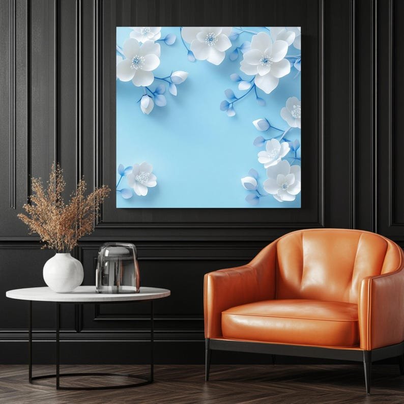 White Floral Wall Art, Poster or Canvas, Blue Background Print, Minimalist Art, Elegant Flower Design, Bedroom Decor, Wall Art Gift For Mom - Image 3
