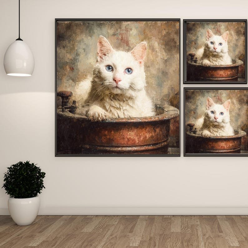 Fluffy White Cat Wall Art, Cute Kitten Print, Persian Cat Illustration, Vintage Cat Painting, Digital Download, Cat Lover Gift, Home Decor - Image 2