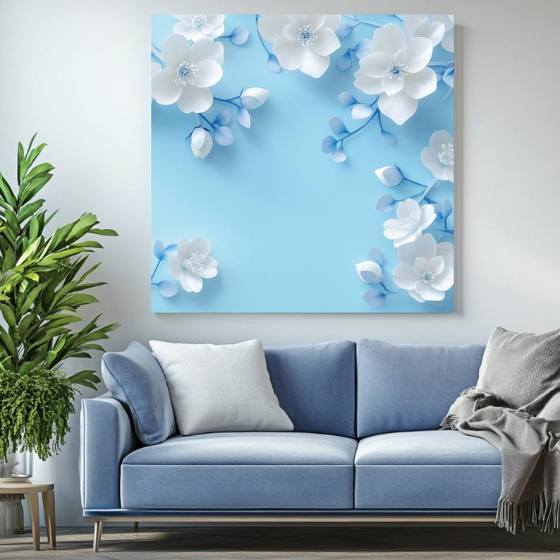 White Floral Wall Art, Poster or Canvas, Blue Background Print, Minimalist Art, Elegant Flower Design, Bedroom Decor, Wall Art Gift For Mom - Image 4