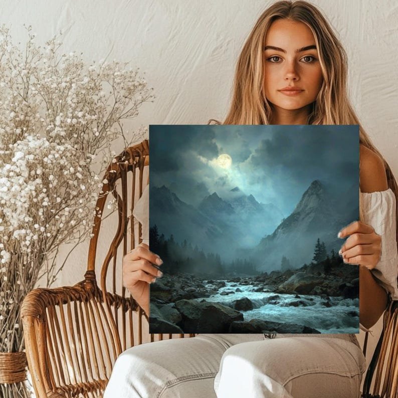 Moonlit Mountain Landscape Wall Art, Canvas or Poster, Nature Scenery Home Decor, River & Forest Wall Hanging,Rustic Bedroom Living Room Art - Image 5