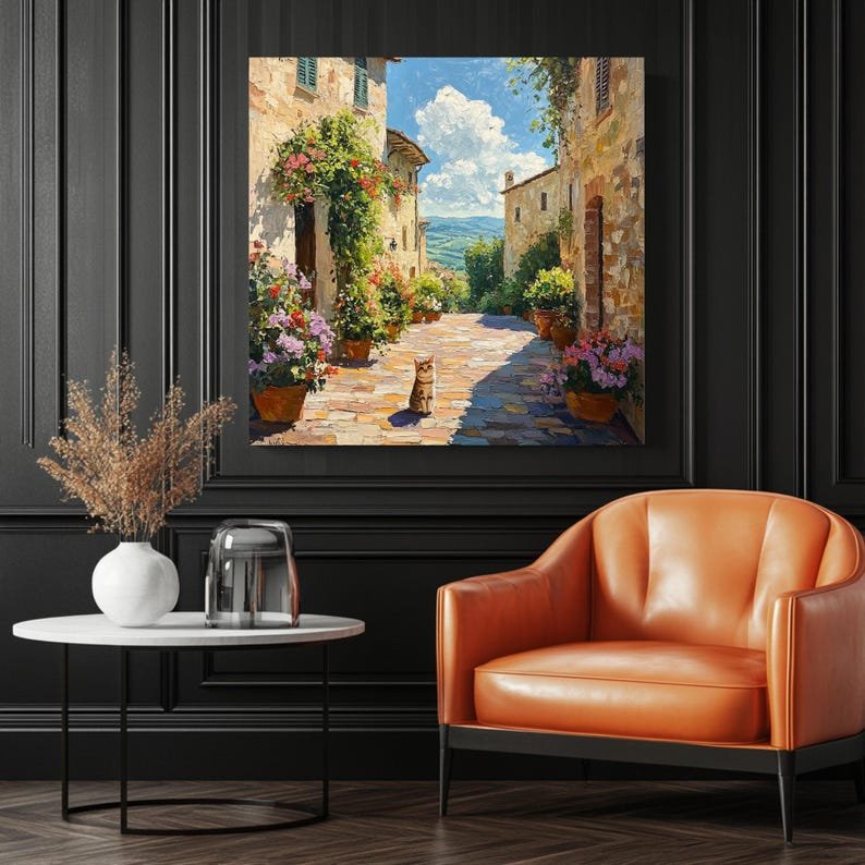 Floral European Street, Poster or Canvas, Cat Wall Art, Mediterranean Art, Street Scene Decor, Floral Wall Décor,Urban Decor,Cat Lovers Gift - Image 3