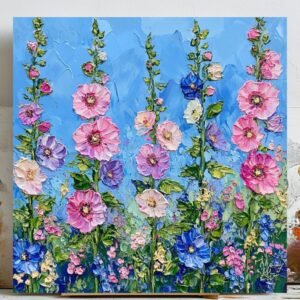 Hollyhock Flower Print: Colorful Wildflower Field, Boho Garden Wall Art