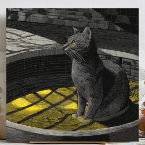 Black Cat Wall Art, Canvas or Poster, Linocut Print, Modern Animal Wall Decor, Yellow Eye Cat Art, Gothic Home Decor, Cat Lover Gift Idea
